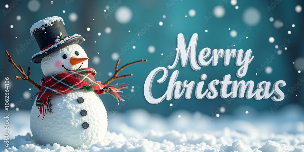 Merry Christmas banner, Snowman with a scarf and top hat standing on the left, with (Merry Christmas) written in a playful, snowy font on the right side. Merry Christmas banner, Snowman with a scarf and top hat standing on the left, with (Merry Christmas) written in a playful, snowy font on the right side.
