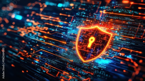 Wallpaper Mural Digital Protection. Firewall. Computer Security. Digital Shield. Firewall in the form of a glowing shield with sparks. Cybersecurity. Network security. Internet security. Torontodigital.ca