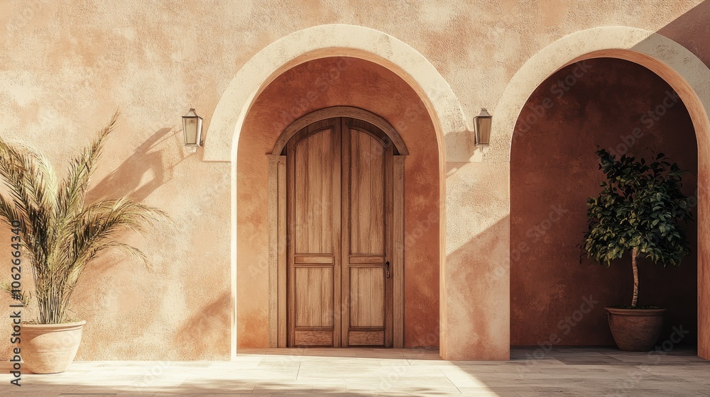 Fototapeta premium Italian villa with stucco walls and arched doors, copy space