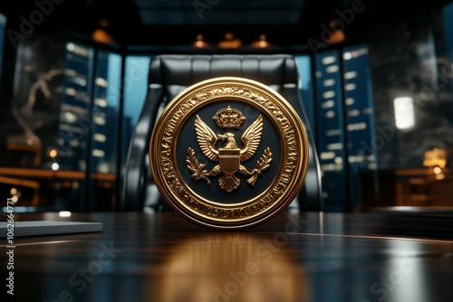 Warrant paper with embossed government seal on a judgeâ€™s desk, capturing the official and authoritative tone of legal documents, symbolizing authority and respect