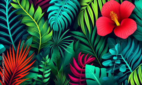 Vibrant tropical leaves and a red hibiscus flower.