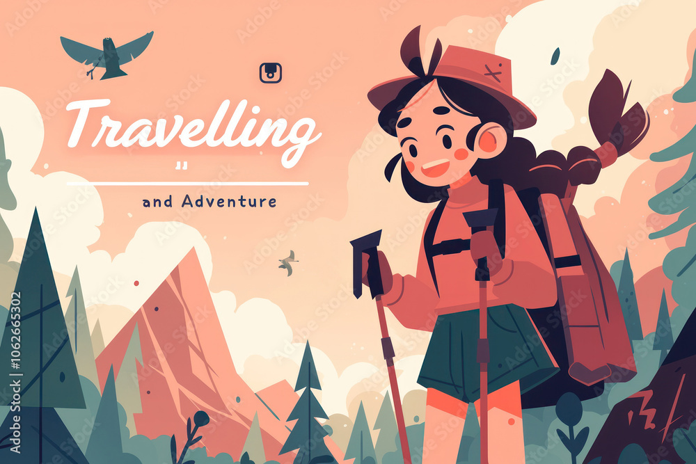 Illustration of a Happy Person Hiking Through a Forest Illustration of a Happy Person Hiking Through a Forest