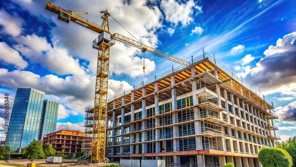 Fototapeta premium Wide-Angle Side shot of a building with a crane in the foreground