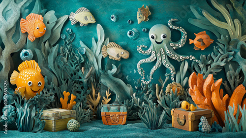 Create a whimsical ocean scene with smiling fish, octopuses, seaweed, and treasure chests.