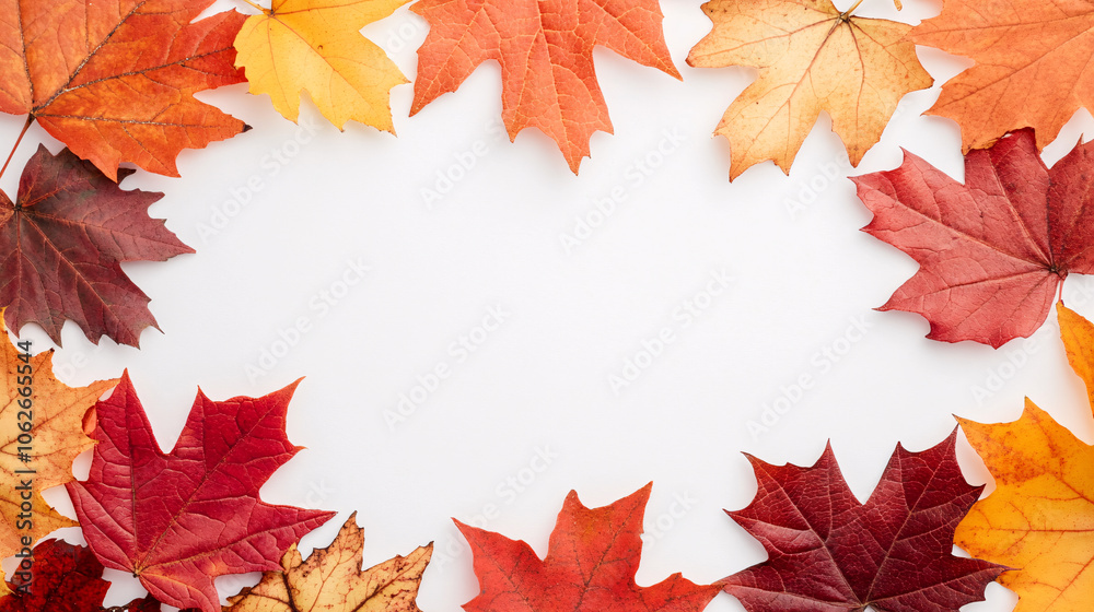 A crisp white center is bordered by an array of autumn leaves, each leaf in vivid shades of red, orange, and yellow. The vibrant maple leaves are arranged organically, with detailed textures A crisp white center is bordered by an array of autumn leaves, each leaf in vivid shades of red, orange, and yellow. The vibrant maple leaves are arranged organically, with detailed textures