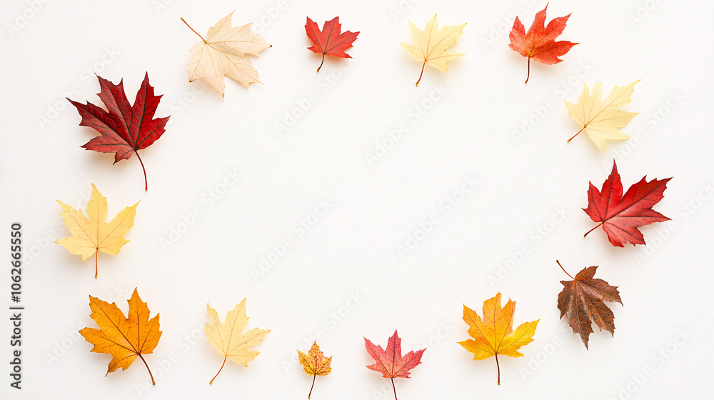 An inviting autumn frame of maple leaves in shades of red, yellow, and orange encircles a pristine white background. Each leaf’s details, from the veins to the subtle color gradients, create a warm, An inviting autumn frame of maple leaves in shades of red, yellow, and orange encircles a pristine white background. Each leaf’s details, from the veins to the subtle color gradients, create a warm,