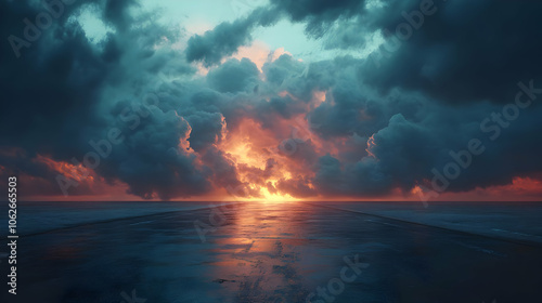 Dark Clouds Above Ocean Sunset Abstract Background