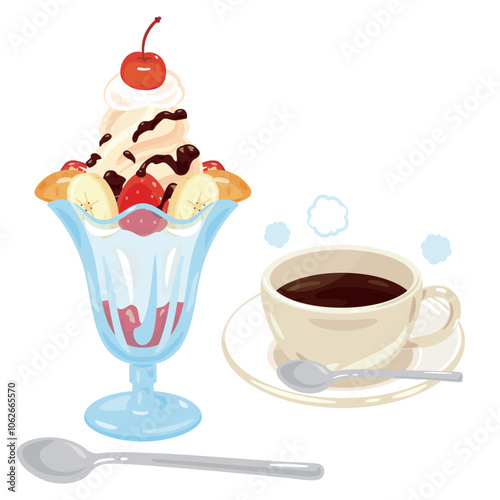 喫茶店の苺バナナパフェとコーヒーセット