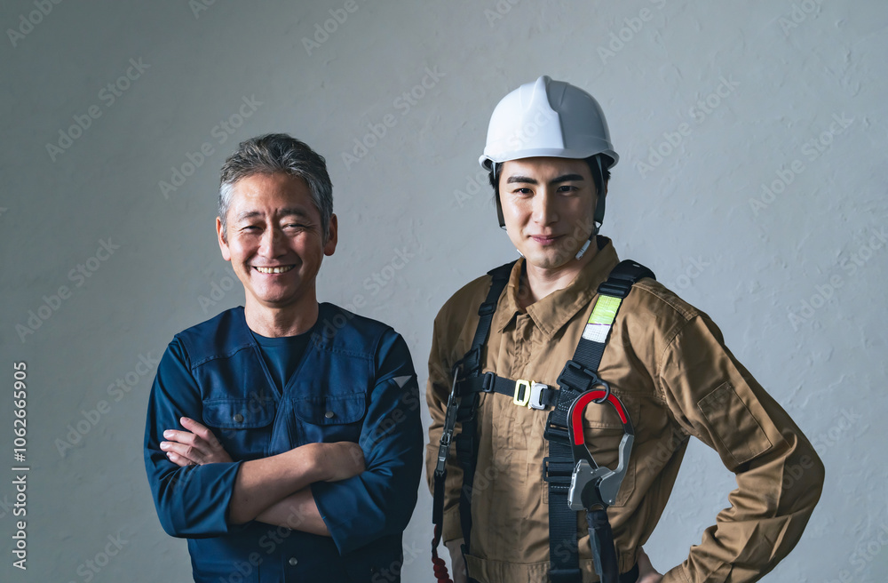 Fototapeta premium 職人、大工、作業員、建設、建築、工事、現場、男性、日本人、チームワーク、仕事、業者、工務店、佐官、鳶、棟梁、コンビ、プロ、職業、人材、安全、フルハーネス、ヘルメット、産業、点検、メンテナンス、検査、内装、リフォーム、住宅、ビジネス、親方、師匠、師弟、世代交代、仲間、連携、転職、パートナー、サポート、協力、クール、働く、やりがい、挑戦、チャレンジ、笑顔、シニア、若い、人物