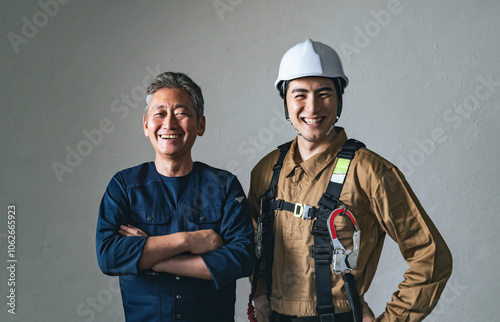 Cuadro en lienzo 職人、大工、作業員、建設、建築、工事、現場、男性、日本人、チームワーク、仕事、業者、工務店、佐官、鳶、棟梁、コンビ、プロ、職業、人材、安全、フルハーネス、ヘルメ