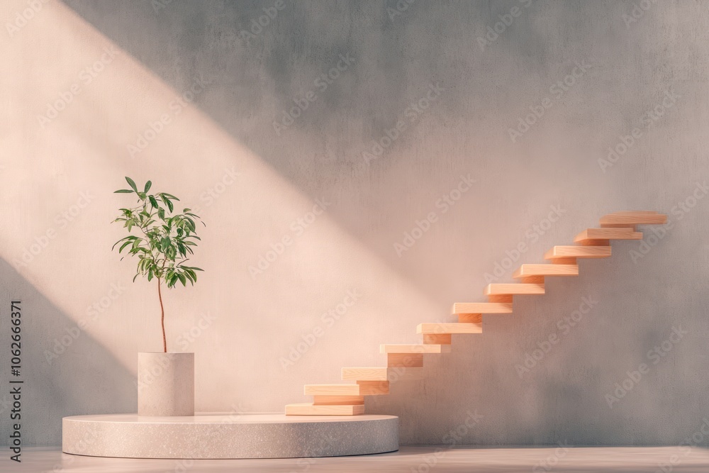 Sunlit Tropical Tree & Elegant Wooden Stair Winders with Granite Base in Modern Loft Interior Design Sunlit Tropical Tree & Elegant Wooden Stair Winders with Granite Base in Modern Loft Interior Design