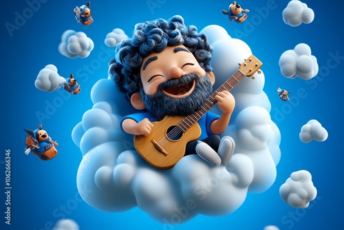 a 2D cartoon illustration of a folk singer playing guitar under open sky soulful and breezy white background