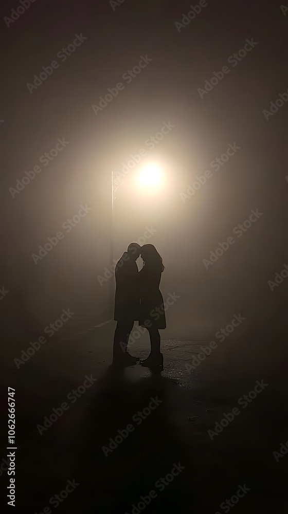 Silhouetted couple sharing a kiss in a foggy street at night. Silhouetted couple sharing a kiss in a foggy street at night.
