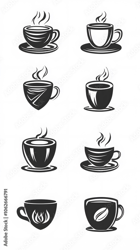 Stylized black and white illustrations of various coffee cups with steam. Stylized black and white illustrations of various coffee cups with steam.