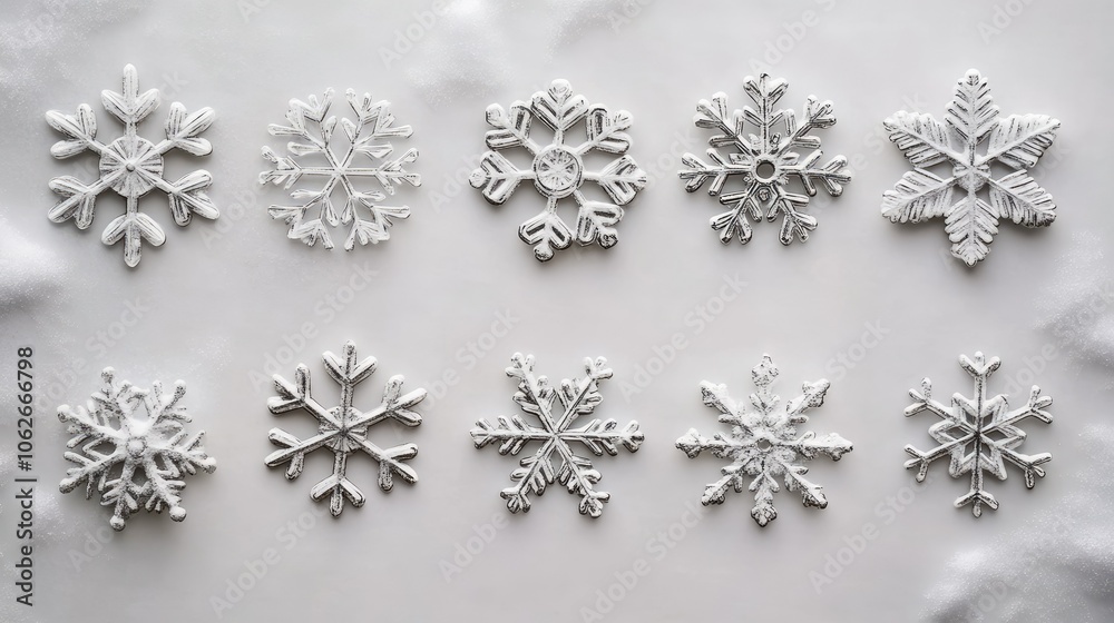 Snowflake designs against a snowy background, copy space on sides for text Snowflake designs against a snowy background, copy space on sides for text