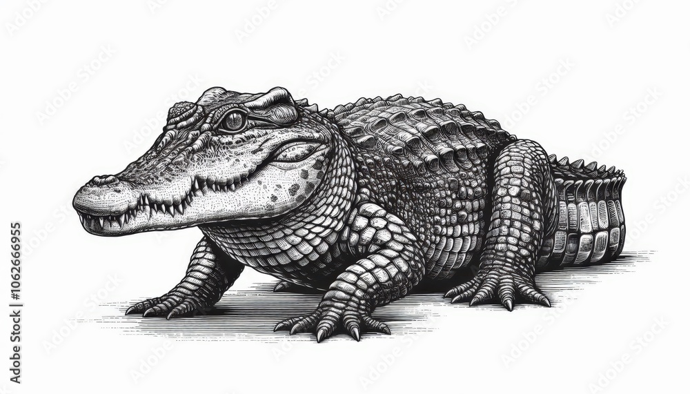 Obraz premium a crocodile full body, sketch engraving illustration. Scratch board imitation. Black and white image.
