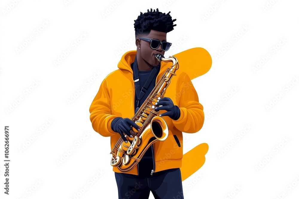 Naklejka premium a 2D cartoon illustration of a jazz saxophonist playing a smooth tune soulful and cool white background