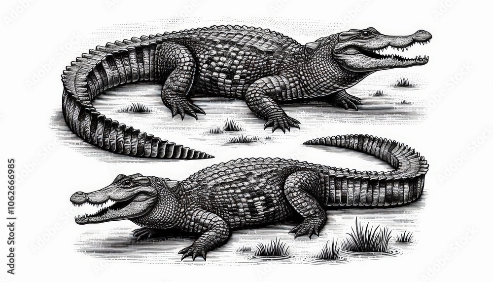 Naklejka premium a crocodile full body, sketch engraving illustration. Scratch board imitation. Black and white image.