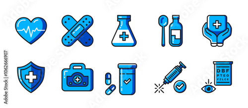 Medical icon pack in dual-color style, featuring healthcare symbols for first aid, wellness, and diagnostics. Ideal for apps, websites, and medical content with modern, clean design.