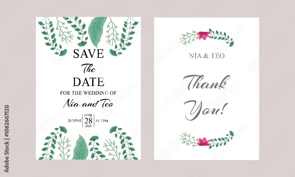 Elegant greenery on wedding invitation card template Elegant greenery on wedding invitation card template