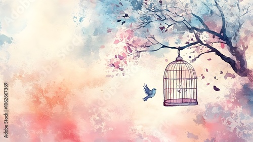 Watercolor Artistic using soft, brushy watercolor strokes, Soft Color, Single object picture - a pastel-colored birdcage hanging from a tree