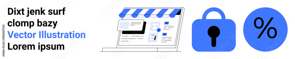 Online store with a blue awning and search bar, accompanied by a blue padlock and percentage sign icons. Ideal for eCommerce, online security, sales, promotions, web development, digital marketing Online store with a blue awning and search bar, accompanied by a blue padlock and percentage sign icons. Ideal for eCommerce, online security, sales, promotions, web development, digital marketing