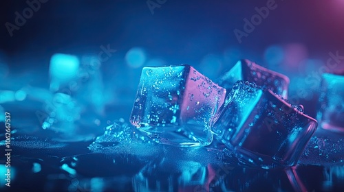Sparkling ice cubes with light reflections on blue background, space for text