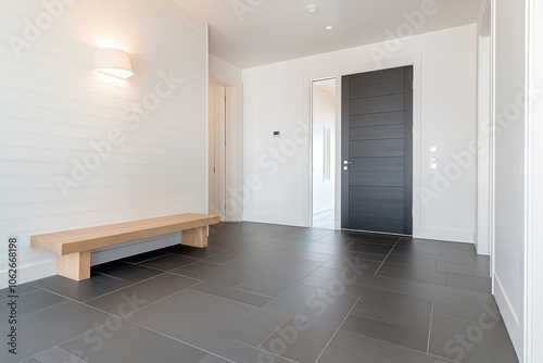 Wallpaper Mural Minimalist Scandinavian Entrance Hall with Wood Paneling and Cozy Bench Torontodigital.ca