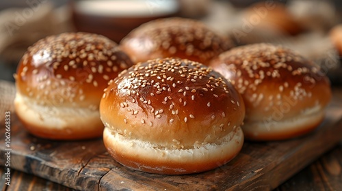 Four golden sesame seed burger buns on a wooden board.