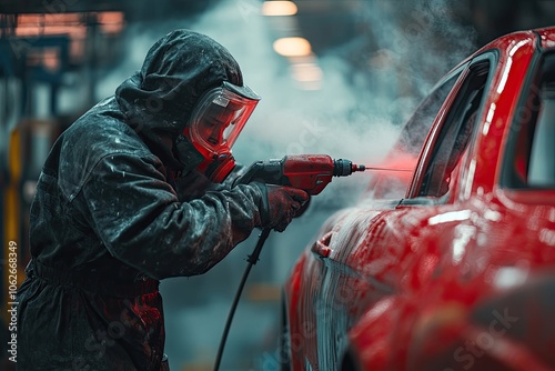 A worker in a protective suit paints a car. This image shows the detail and process of car painting. photo