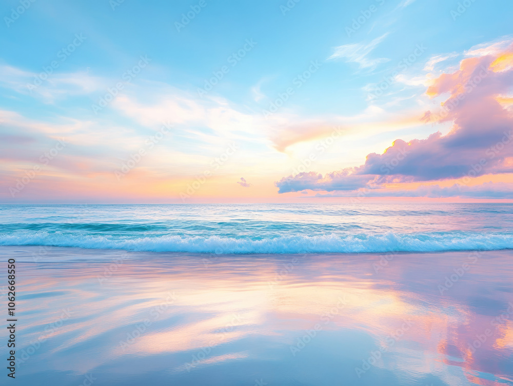 Fototapeta premium A peaceful coastal scene at dusk, where golden light reflects on the water, creating a calming atmosphere.