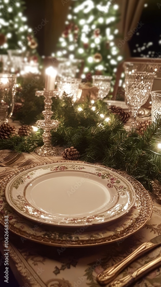 A festive Christmas dinner table setting adorned with elegant decorations, featuring a blank plate at the center, ready to welcome a delightful holiday meal amidst twinkling lights and seasonal cheer. A festive Christmas dinner table setting adorned with elegant decorations, featuring a blank plate at the center, ready to welcome a delightful holiday meal amidst twinkling lights and seasonal cheer.