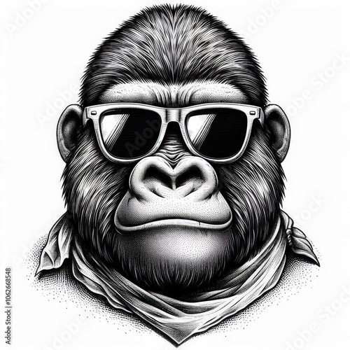 gorilla in sunglasses, playful and stylish theme look sketch engraving. Black and white image. photo