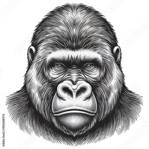 gorilla, playful and stylish theme look sketch engraving. Black and white image.