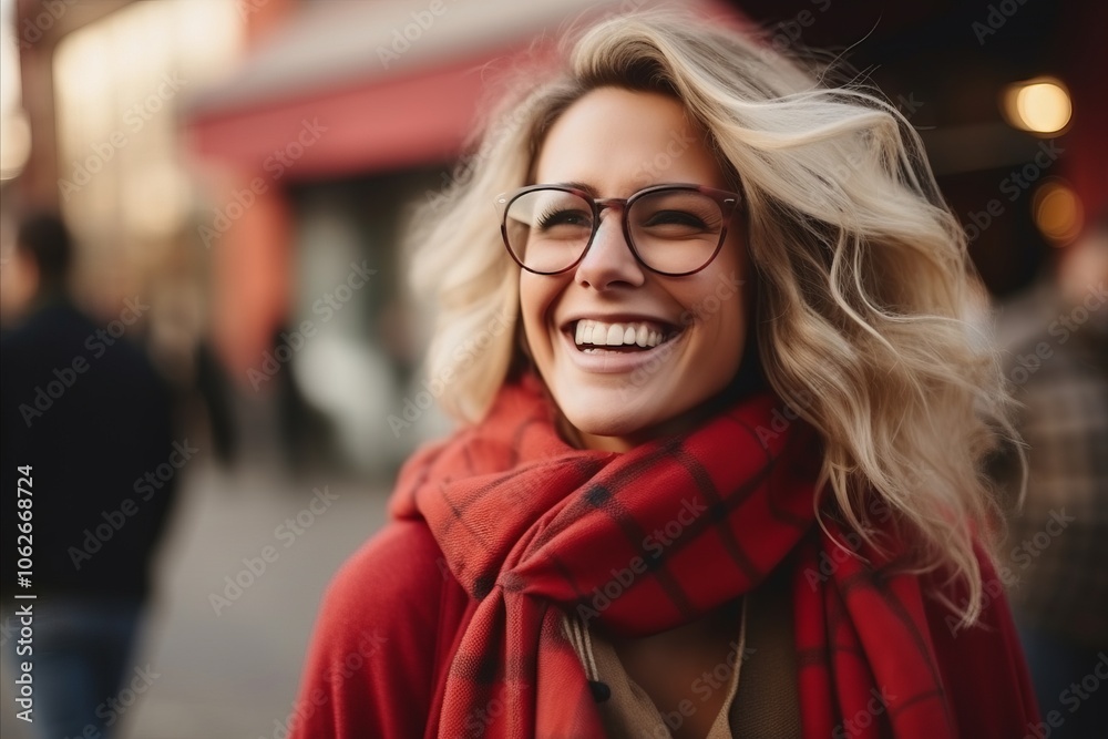 Portrait of happy young woman in eyeglasses walking on street Portrait of happy young woman in eyeglasses walking on street