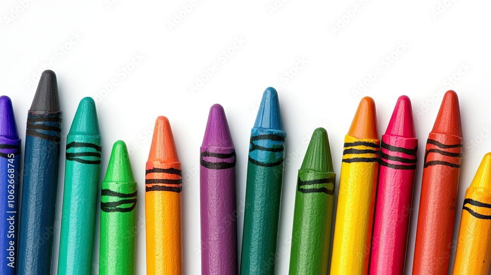 Top view of open crayons and art supplies on white background, vibrant theme with room for Children Day message Top view of open crayons and art supplies on white background, vibrant theme with room for Children Day message