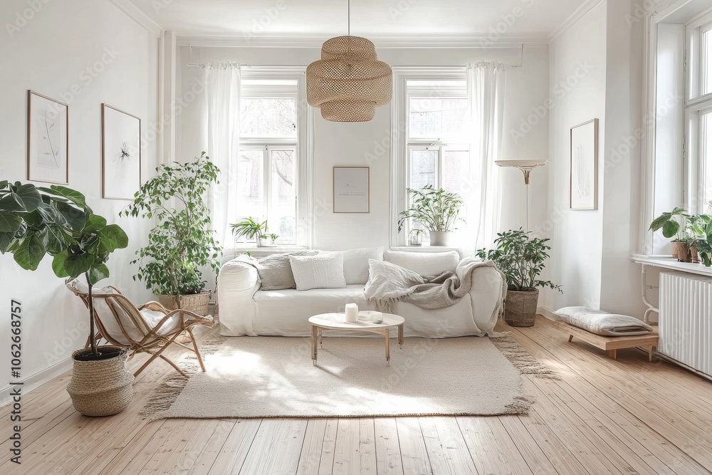 A clean, minimalist Scandinavian-style living room with light wooden floors, white walls, and simple, cozy furniture.