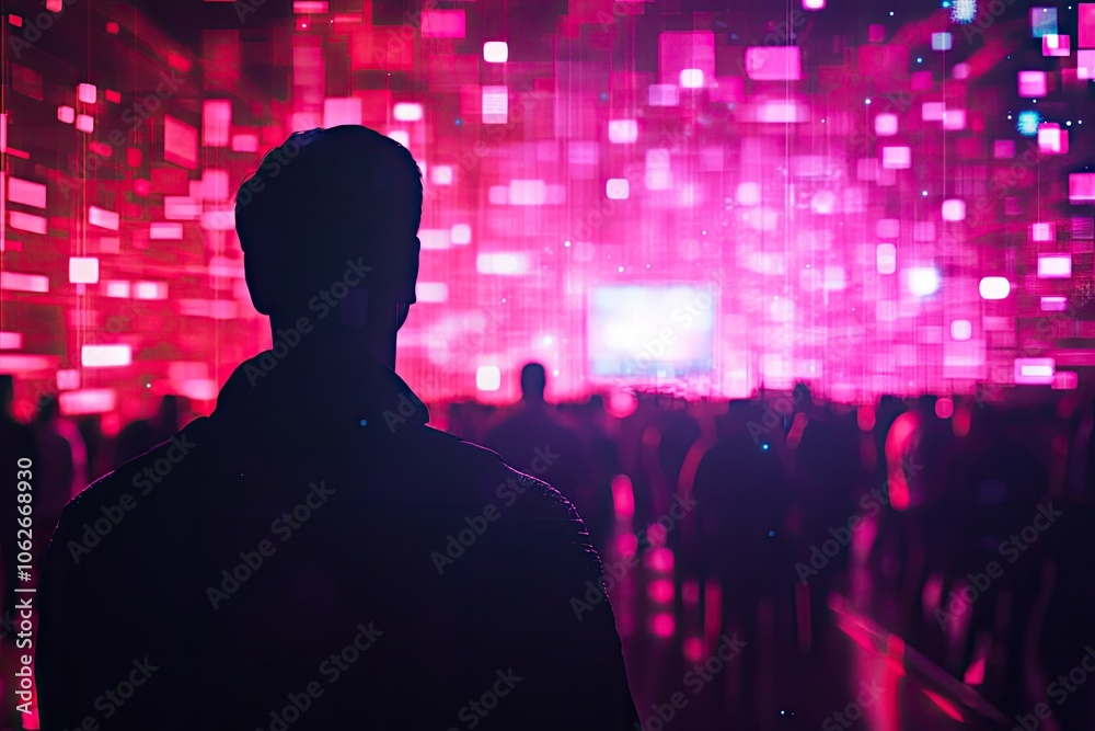 Silhouette of a man in front of a pink screen. This image is perfect for depicting digital technologies and the future. Silhouette of a man in front of a pink screen. This image is perfect for depicting digital technologies and the future.