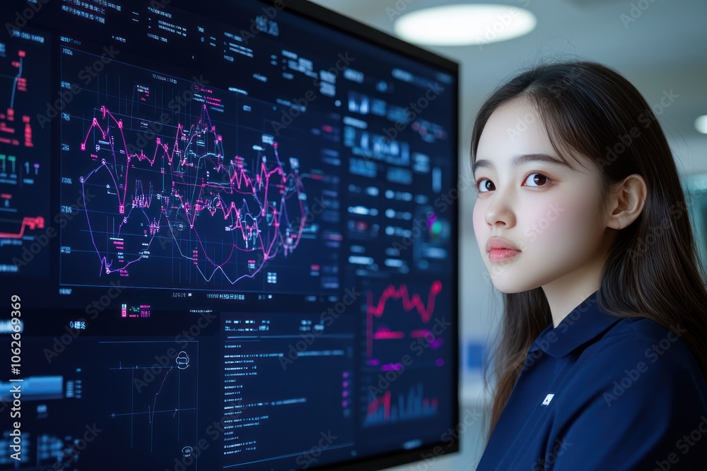 Businesswoman Analyzing Big Data on Large Screen in Monitoring Room Businesswoman Analyzing Big Data on Large Screen in Monitoring Room