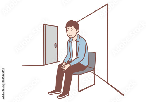 Man sitting at a table waiting for a job interview. Hand drawn style vector design illustrations.
