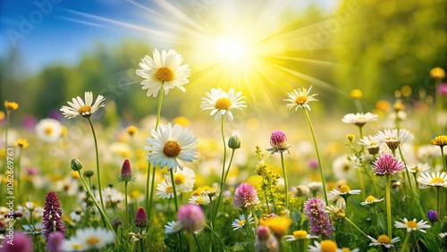 A sunny meadow filled with a variety of wildflowers, including daisies, buttercups, and clover, on a warm spring day, sunshine, outdoor scene photo