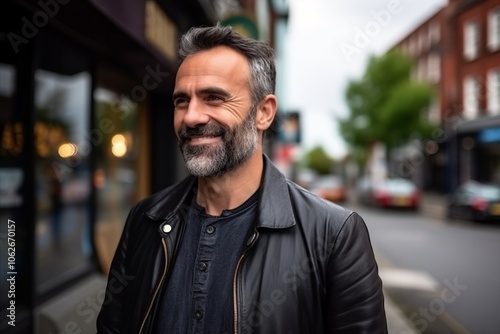 Portrait of a handsome middle-aged man smiling in the city