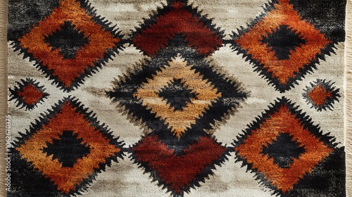 A seamless tribal-inspired carpet pattern with prominent diamond and triangle shapes, bold lines in rich shades of terracotta, ochre, and dark brown, capturing a traditional ethnic aesthetic,