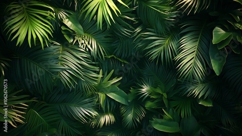 Wallpaper Mural A seamless tropical palm leaf carpet pattern, with rich shades of green and dark shadows, capturing the dense foliage and layered effect, high texture detail, immersive and lively, Torontodigital.ca