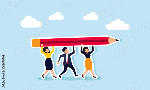 A business group or joint venture working together to lift a pencil, illustration of joint venture in designing a collaborative business system model