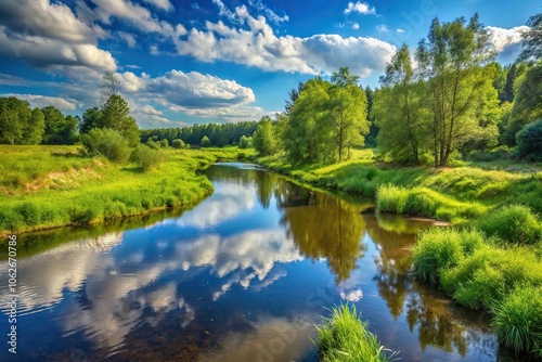 Wide-angle summer landscape of a small forest river