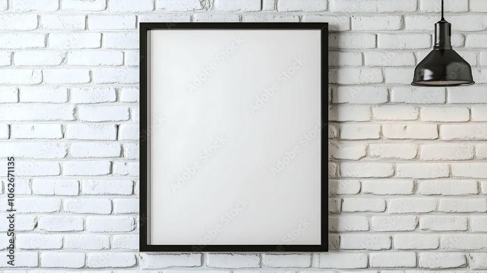 A large black-framed blank canvas on a white brick wall, creating a bold and modern contrast in the minimalist decor A large black-framed blank canvas on a white brick wall, creating a bold and modern contrast in the minimalist decor