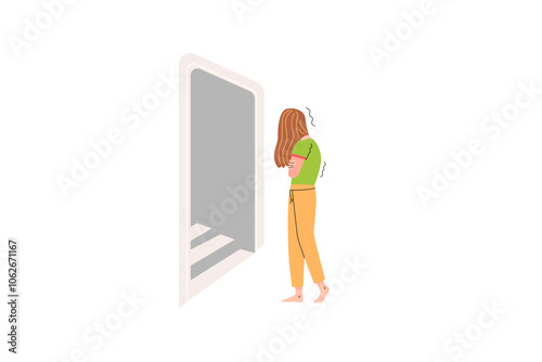 Woman Shaking in Fear with Door Illustration