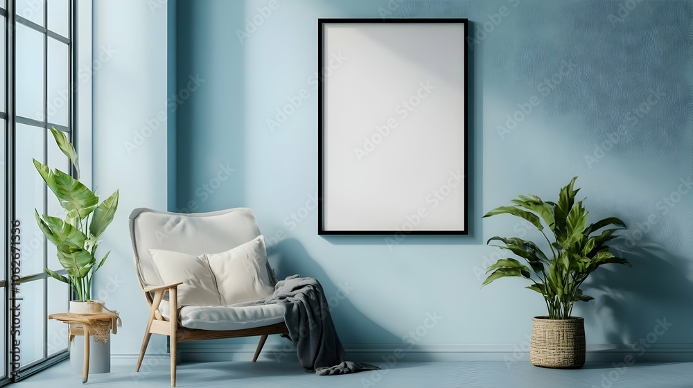 Fototapeta premium A large black-framed blank canvas above a bed with neutral bedding, adding simplicity and elegance to the bedroom decor