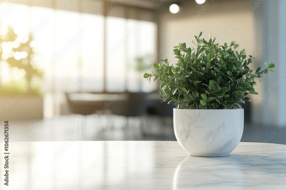 A white ceramic pot with green leaves on a marble table in a blurred living room interior background A white ceramic pot with green leaves on a marble table in a blurred living room interior background